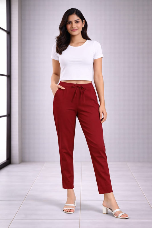Women's Linen Cotton High Waist Straight Fit - Maroon - Western Wear - front view | Villows DTrendz