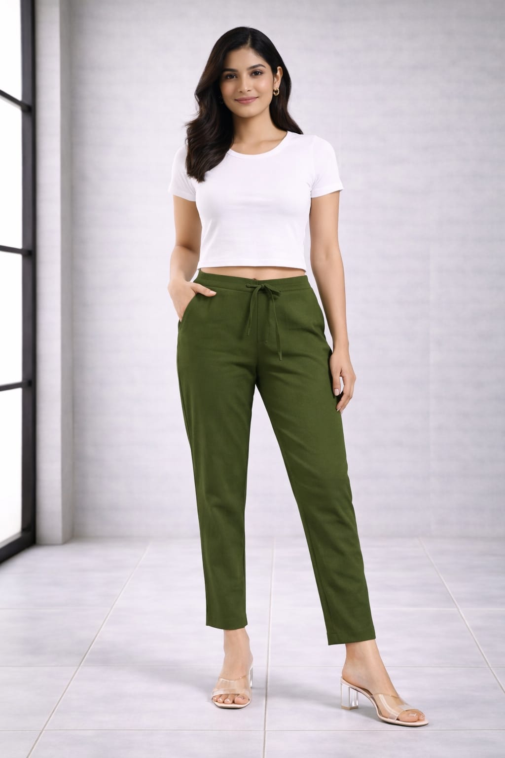 Women's Linen Cotton High Waist Straight Fit - Olive Green - Western Wear - front view | Villows DTrendz