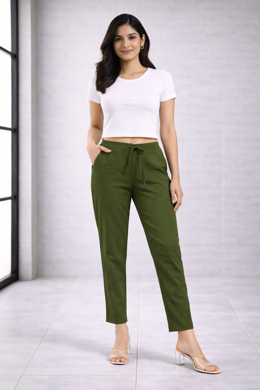 Women's Linen Cotton High Waist Straight Fit - Olive Green - Western Wear - front view | Villows DTrendz