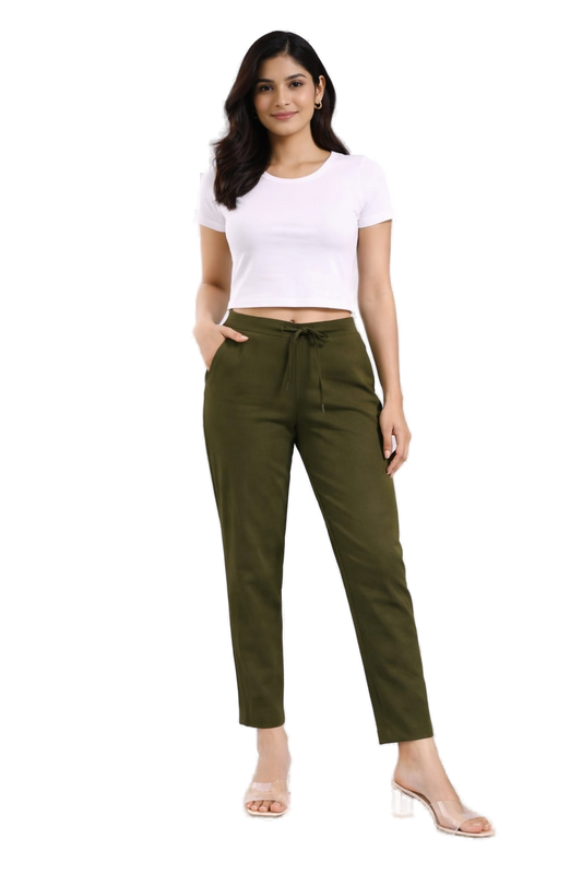 Women's Linen Cotton High Waist Straight Fit - Mehndi Green - Western Wear - front view | Villows DTrendz