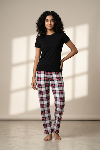 Women's Pyjama Full Pant - Red Checked - Western Wear - front view | Villows DTrendz