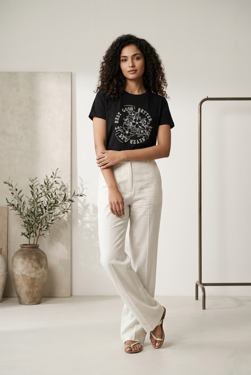 Women’s Black T-Shirt Casual Cotton Tee for Women Stylish Everyday Wear - Western Wear - front view | Villows DTrendz