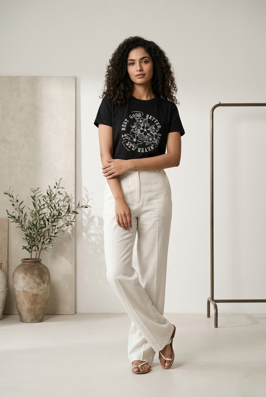 Women’s Black T-Shirt Casual Cotton Tee for Women Stylish Everyday Wear - Western Wear - front view | Villows DTrendz