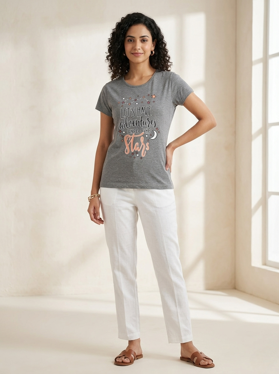 Women’s Grey T-Shirt Casual Cotton Tee for Women Stylish Everyday Wear - Western Wear - front view | Villows DTrendz
