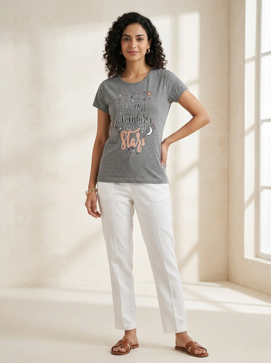 Women’s Grey T-Shirt Casual Cotton Tee for Women Stylish Everyday Wear - Western Wear - front view | Villows DTrendz