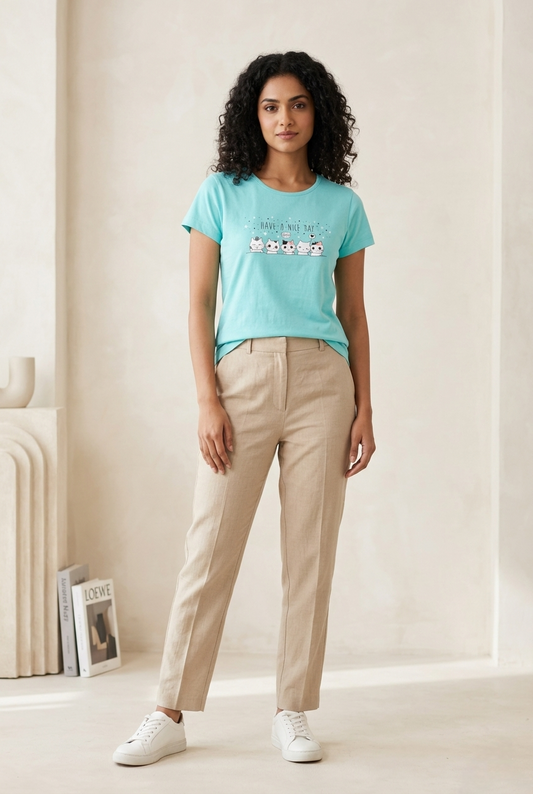 Women’s Ice Blue T-Shirt Casual Cotton Tee for Women Stylish Everyday Wear - Western Wear - front view | Villows DTrendz