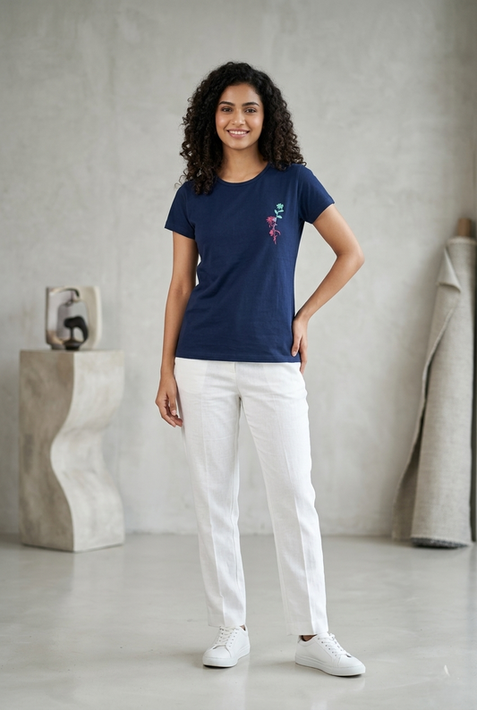 Women’s Navy Blue T-Shirt Casual Cotton Tee for Women Stylish Everyday Wear - Western Wear - front view | Villows DTrendz