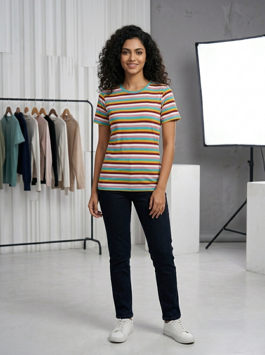 Women’s Sky Blue Striped T-Shirt Casual Cotton Stripe Tee for Women Stylish Everyday Wear - Western Wear - front view | Villows DTrendz