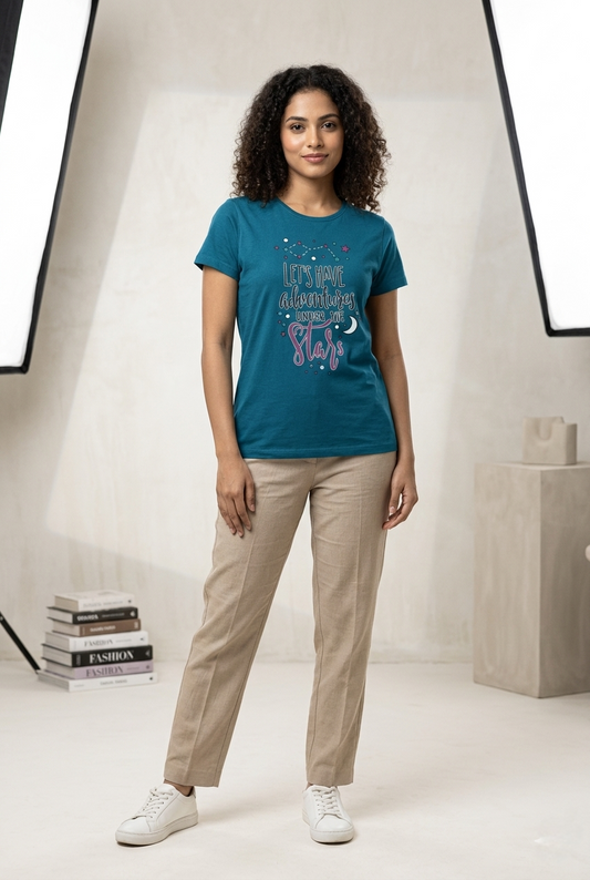 Women’s Turquoise Blue T-Shirt Casual Cotton Tee for Women Stylish Everyday Wear - Western Wear - front view | Villows DTrendz