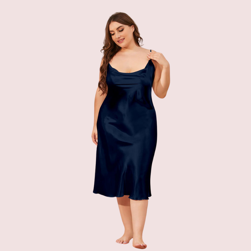 Women's Dark Blue Satin Dress, Charming Dark Evening Wear - Apparel - back view | Snazzyway