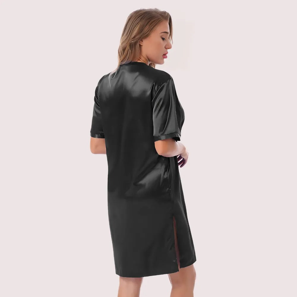 Women's Dark Black Satin Sleepwear, Elegant Dark Nightwear - Apparel - close-up detail view | Snazzyway