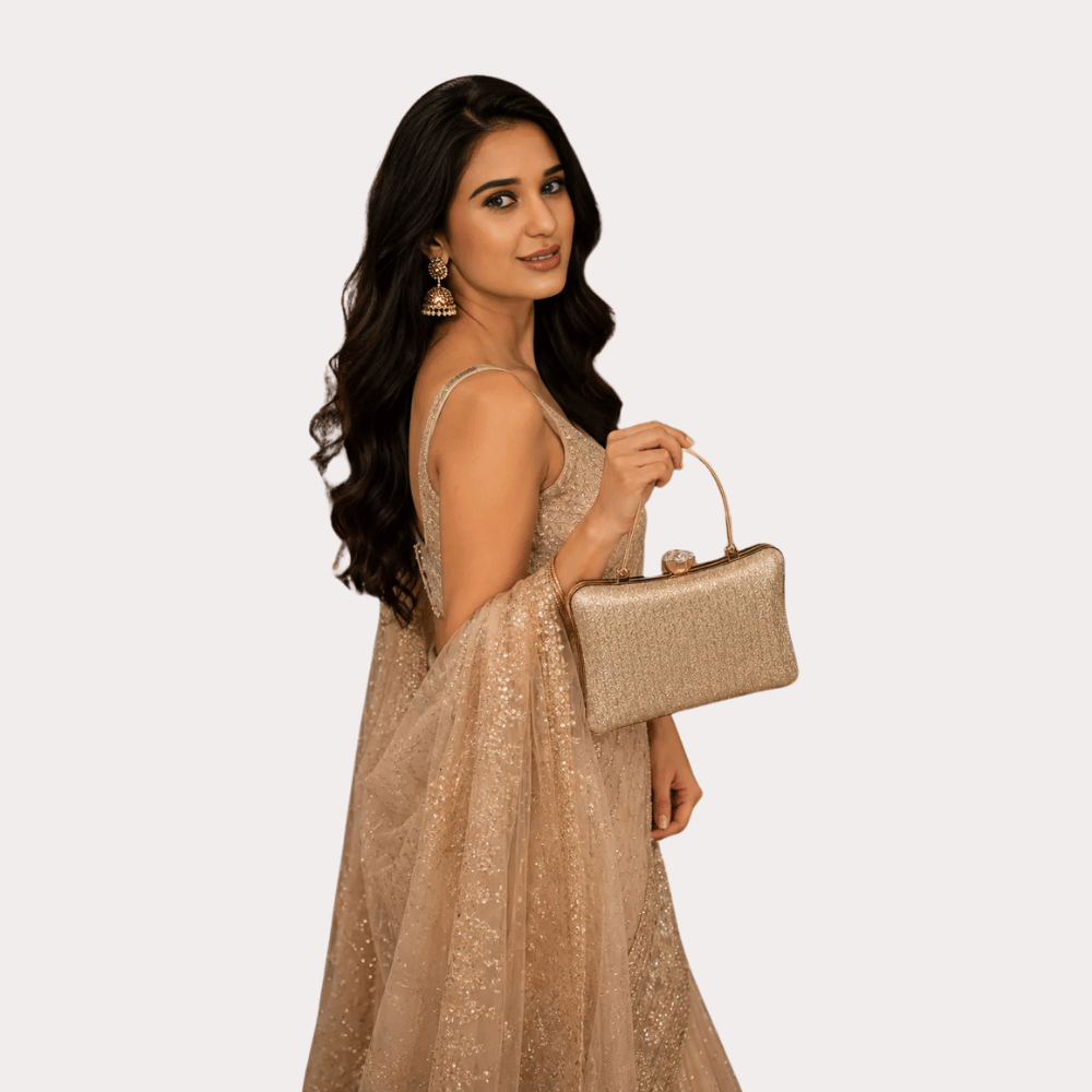 Women's Champagne Gold Designer Clutch Bag, Opulent Champagne Evening Purse - Apparel - close-up detail view | Snazzyway