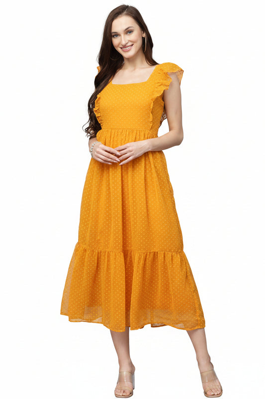 Women’s Yellow Indo-Western Georgette Gown Elegant Long Flared Ethnic Dress Party, Festive & Wedding Wear - Western Wear - front view | Villows DTrendz