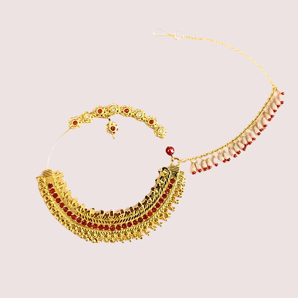 Women's Golden Gold-Plated Nose Ring, Classic Golden Bridal Nath - Apparel - close-up detail view | Snazzyway
