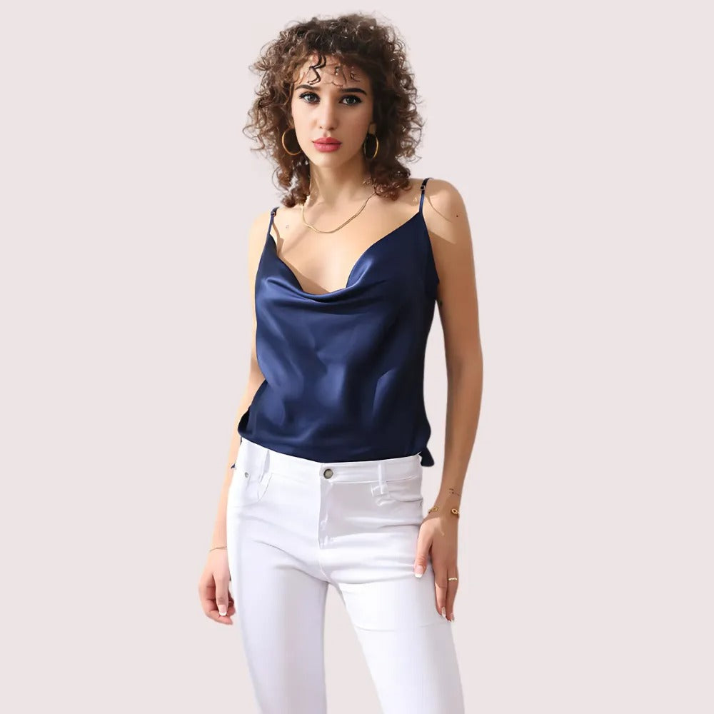 Women's Dark Blue Silk Camisole, Refined Dark Cami Top - Apparel - front view | Snazzyway