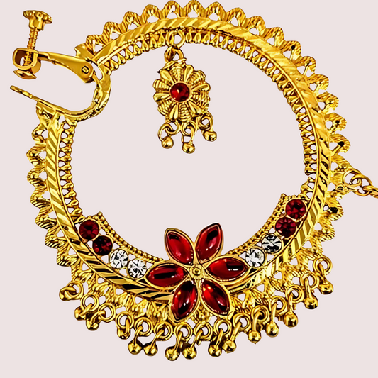 Women's Golden Designer Nose Ring, Timeless Golden Bridal Nath - Apparel - front view | Snazzyway